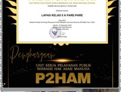 Lapas Kelas IIA Parepare Berhasil Raih Penghargaan Pelayanan Publik Berbasis Hak Asasi Manusia (P2HAM) Tahun 2024.